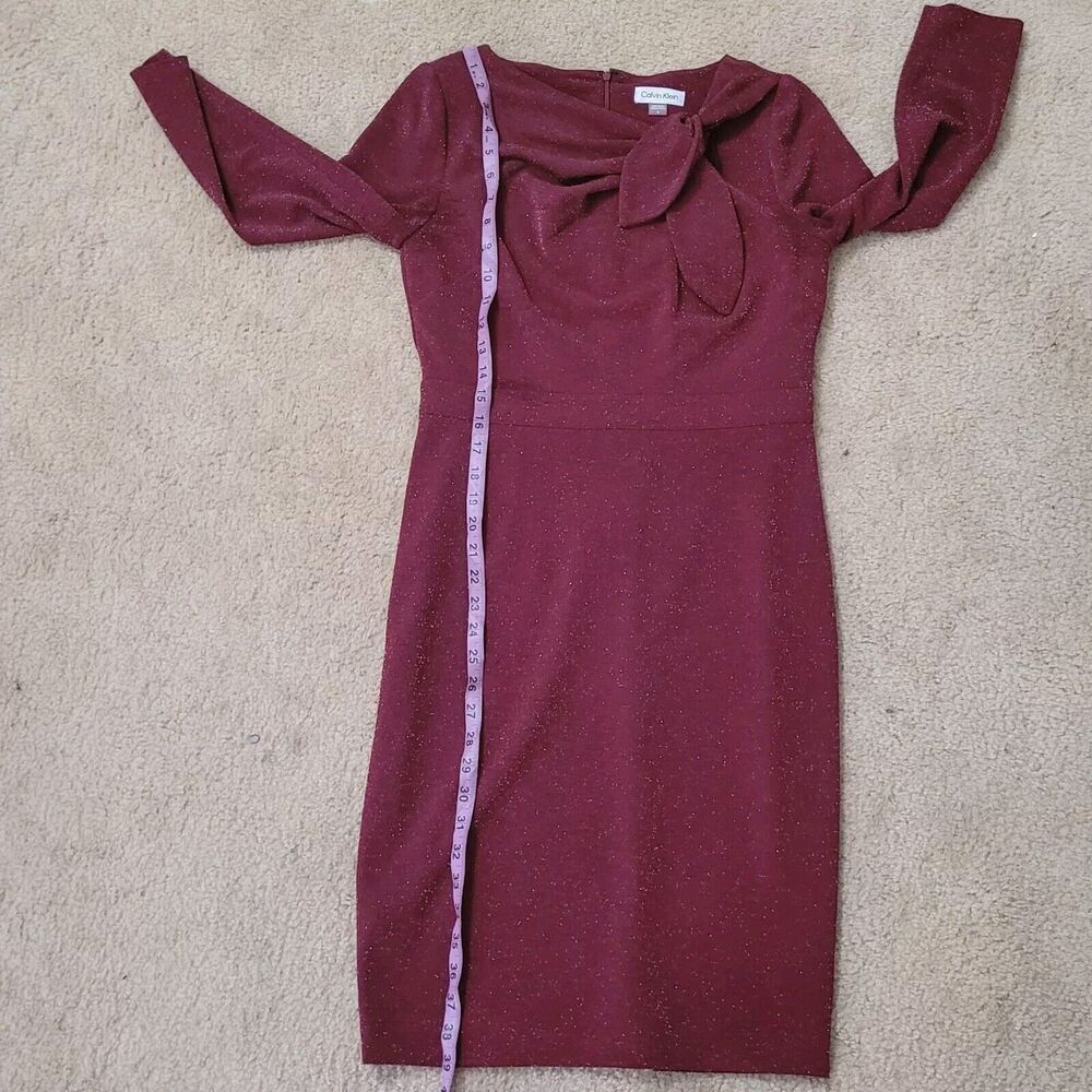 Calvin Klein Sheath Dress Womens 6 Wine Red Tie Neck Sparkle Detail 3/4 Sleeves - Picture 12 of 16
